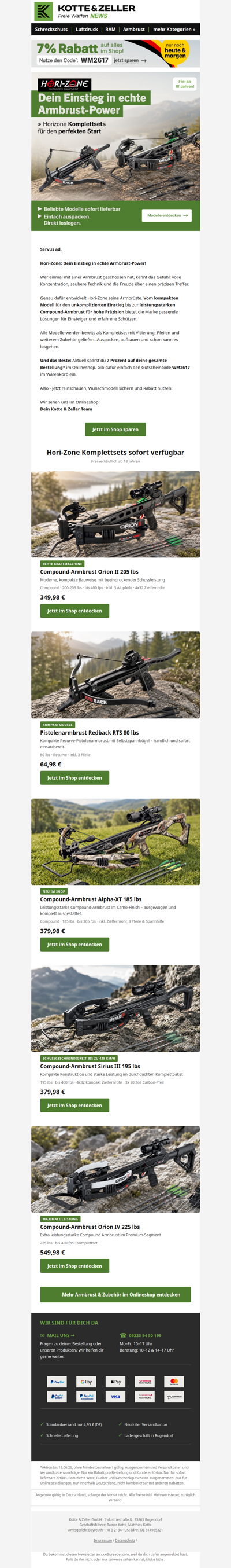 🎯 Hori-Zone Armbrüste + 7 % Rabatt bis morgen