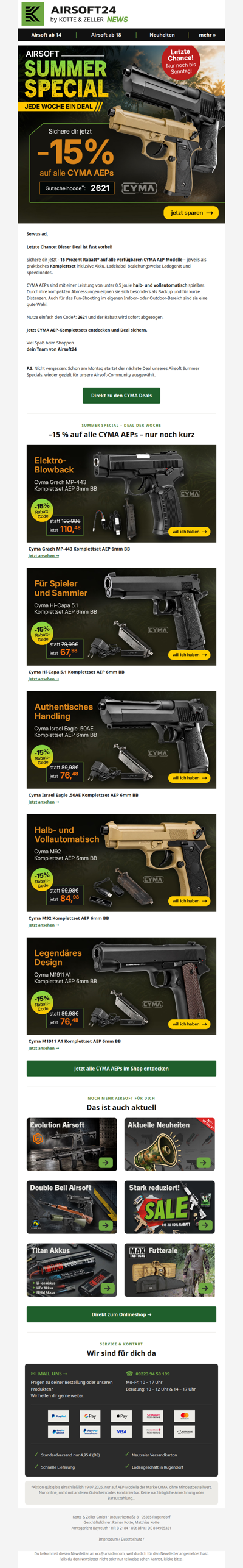 Airsoft Special: 15 % auf CYMA AEP-Komplettsets