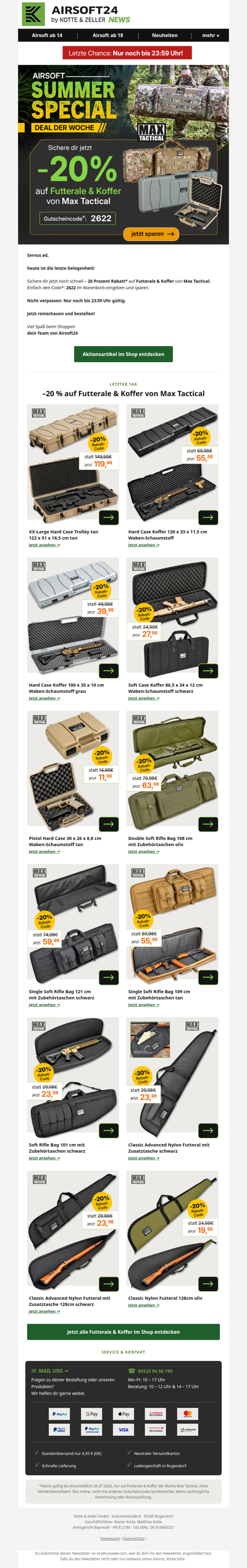 ⏰ Letzter Tag: 20% auf Airsoft-Koffer & Futterale Markenaktion