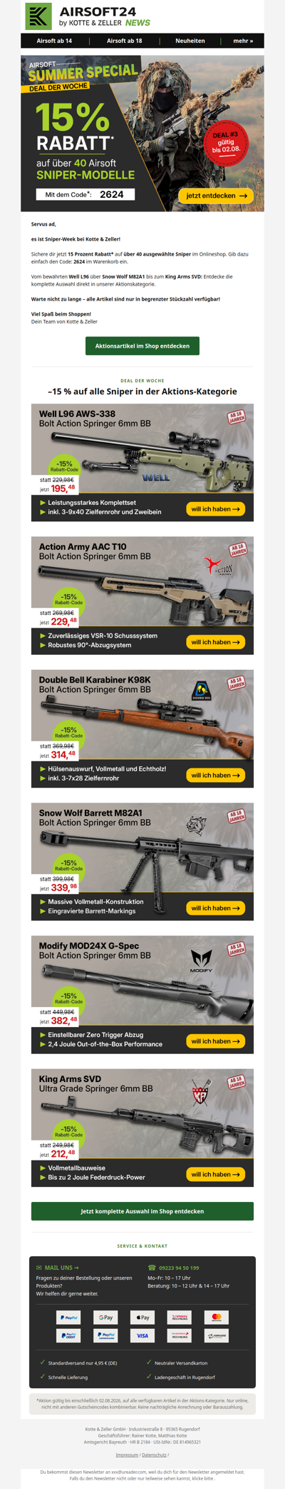 🔥 Hol dir 15% in der Airsoft24 Sniper Week