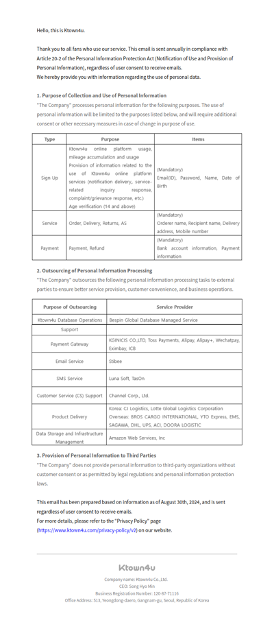 [Ktown4u] Notification of Use and Provision of Personal Information