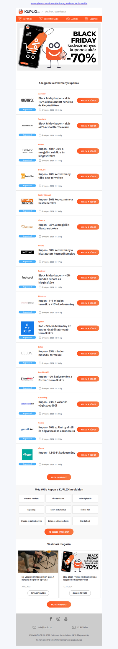 Kedvezmény kuponok Answear - 40% | Sportano - 40% | Gomez - 30% | Born2be - 20% | Vivantis - 35% | Notino - 30% | Factcool - 40% | Lelosi - 25% és továbbiak