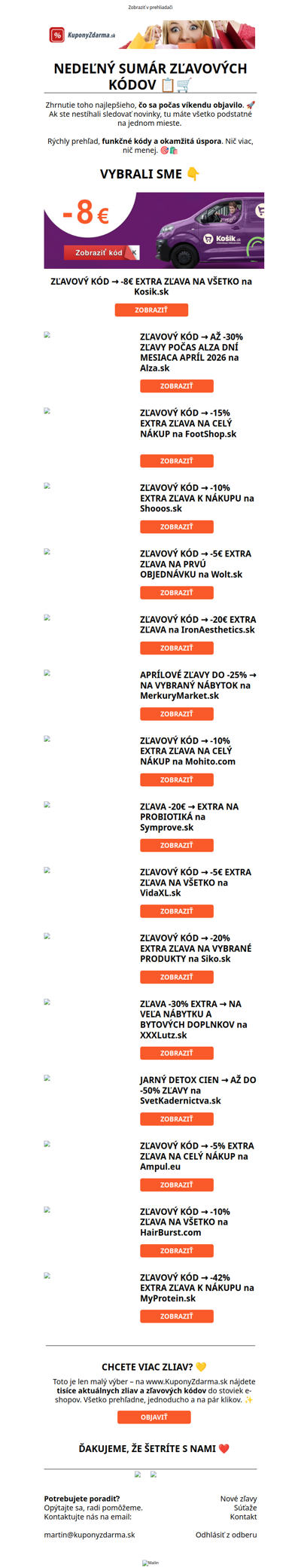 NEDEĽNÝ SUMÁR ZĽAVOVÝCH KÓDOV 📋🛒