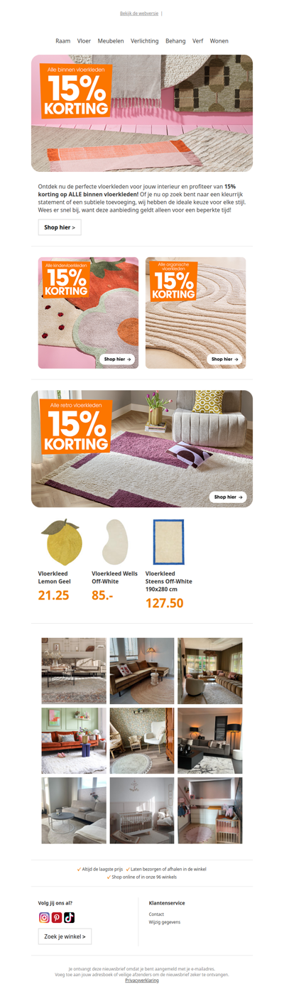 15% korting op alle binnen vloerkleden! 😍