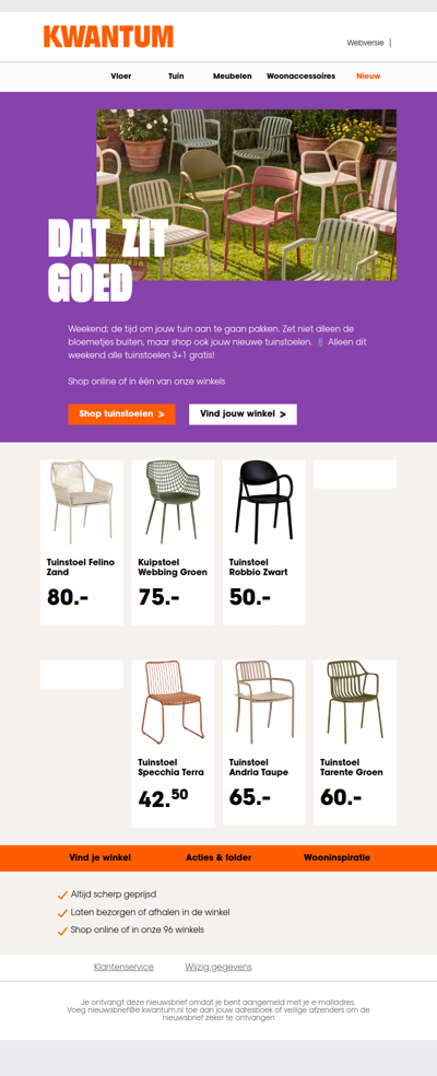 Laatste weekend! Alle tuinstoelen 3+1 gratis. ☀️