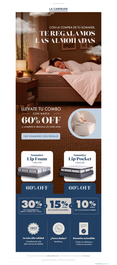 Las almohadas van por nuestra cuenta ☁️ Hasta 60% OFF en tu sommier