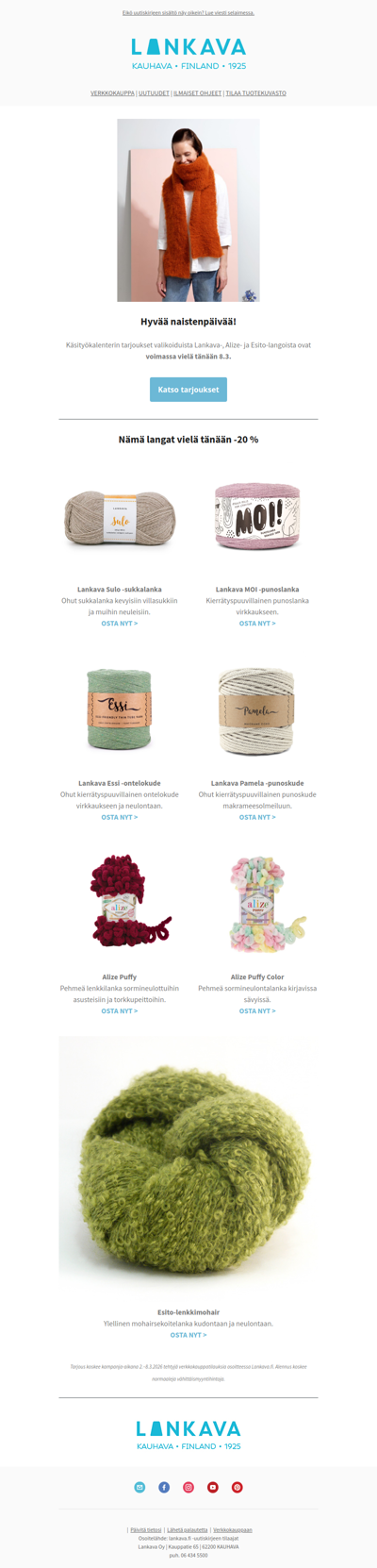 Hyvää naistenpäivää! -20 % valikoiduista langoista vielä tänään