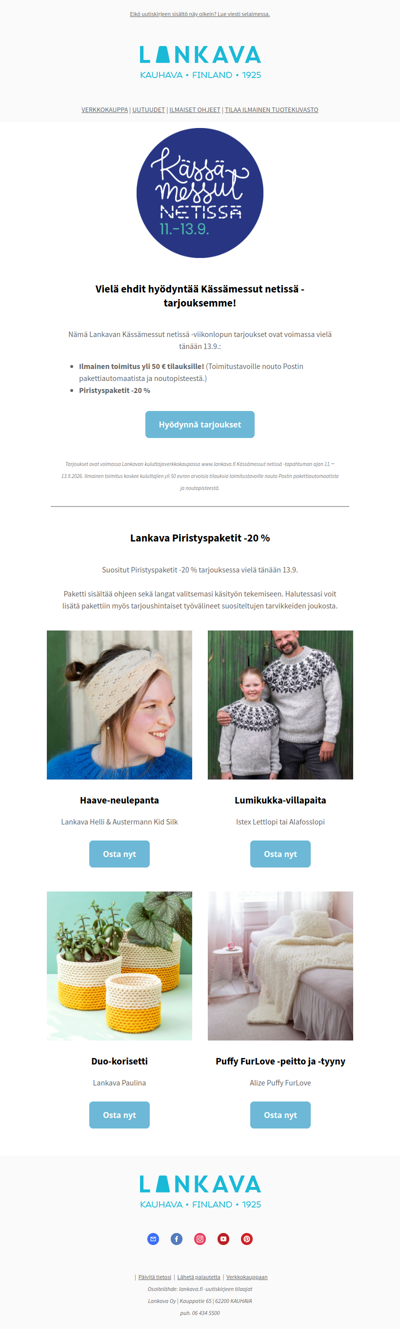 Hyödynnä Lankavan Kässämessut netissä -tarjoukset 13.9. mennessä!