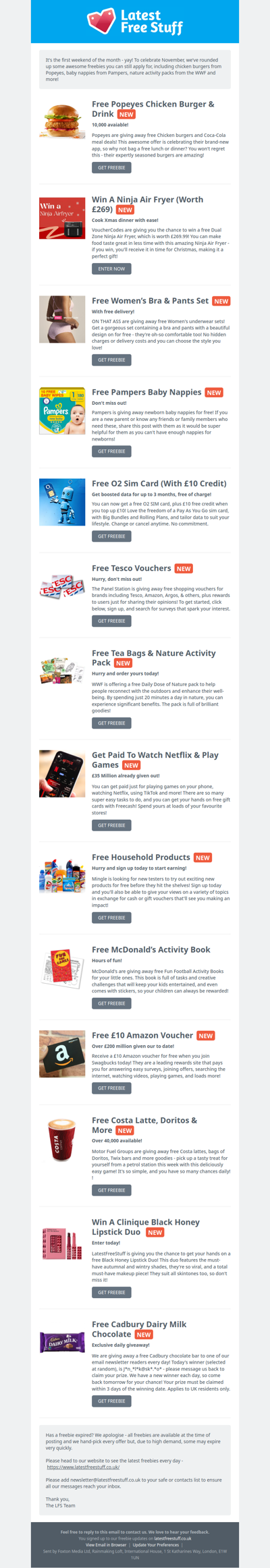 Free Popeyes Chicken Burger, Pampers Baby Nappies, Nature Activity Pack & More