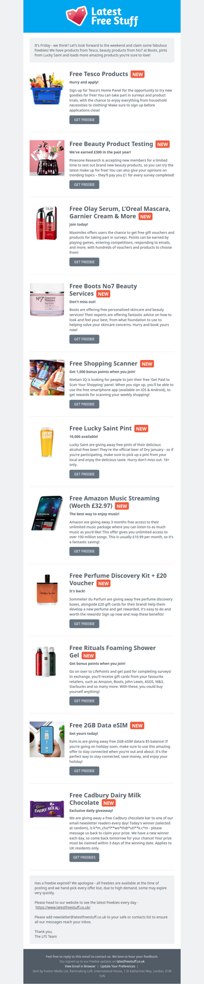 Free Tesco Products, Boots No7 Products, Lucky Saint Pint & More