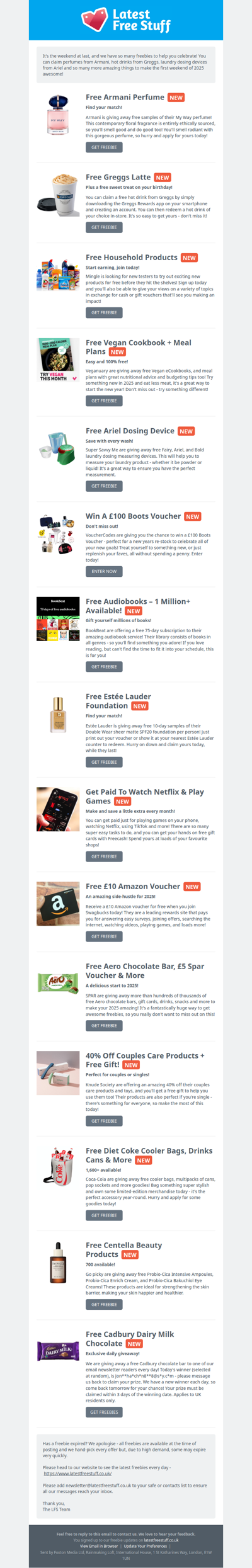 Free Armani Perfume, Greggs Latte, Ariel Dosing Device & More