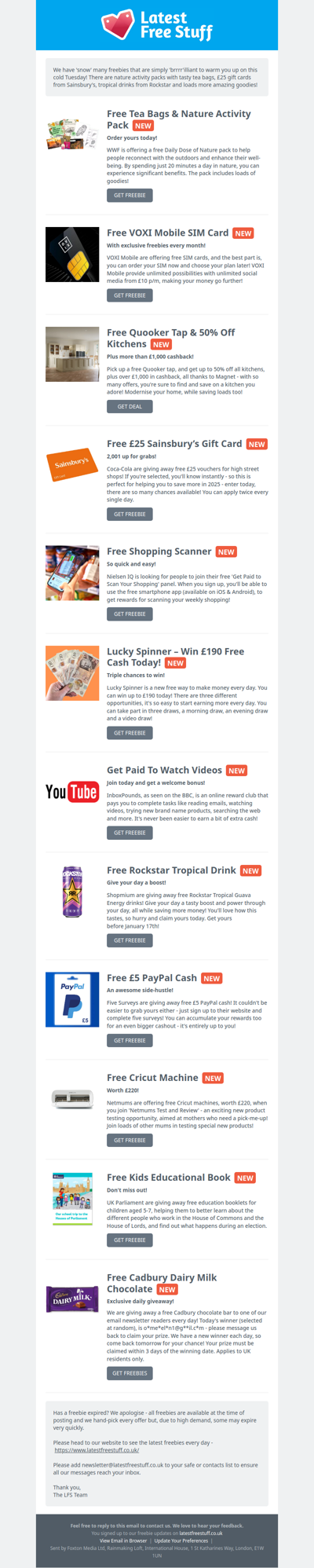 Free Tea Bags with Activity Pack, £25 Sainsbury's Gift Card, Rockstar Drink & More