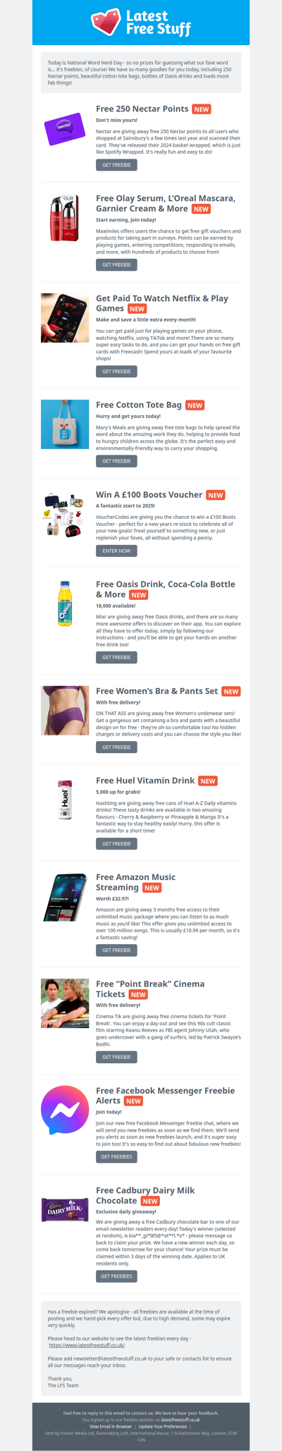 Free 250 Nectar Points, Tote Bag, Oasis Drink & More