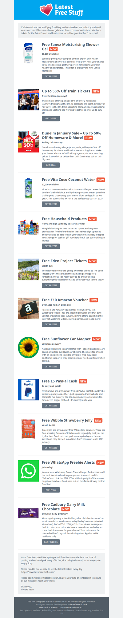 Free Sanex Shower Gel, Vita Coconut Water, Eden Project Tickets & More