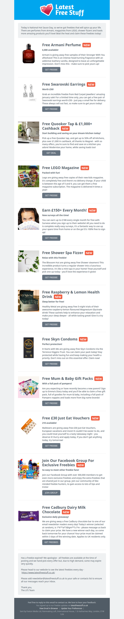 Free Armani Perfume, LEGO Magazine, Shower Spa Fizzer & More