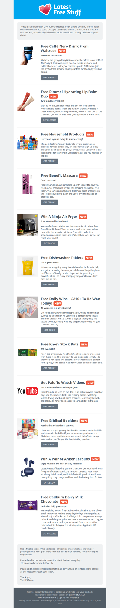 Free Caffè Nero Drink, Benefit Mascara, Dishwasher Tablets & More