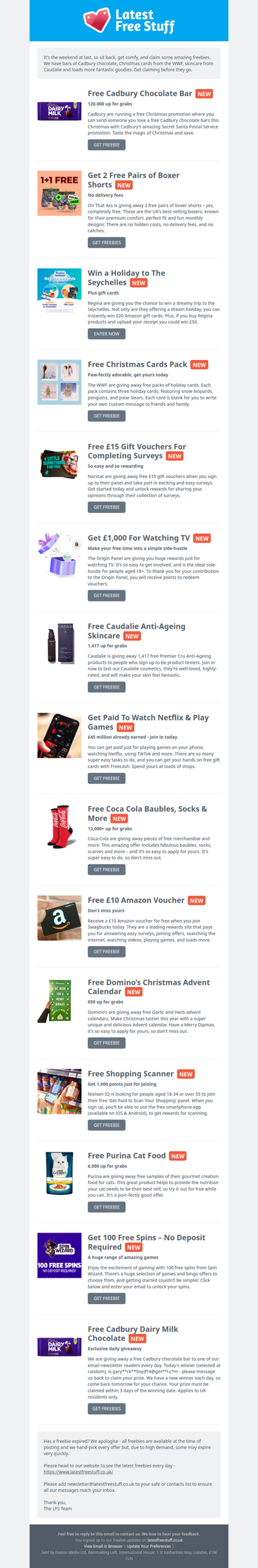 Free Cadbury Chocolate, Christmas Cards, Caudalie Skincare & More