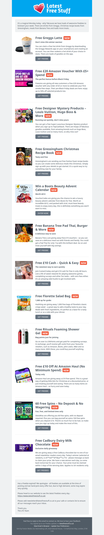 Free Greggs Latte, Christmas Recipe Book, Banana Tree Meal & More