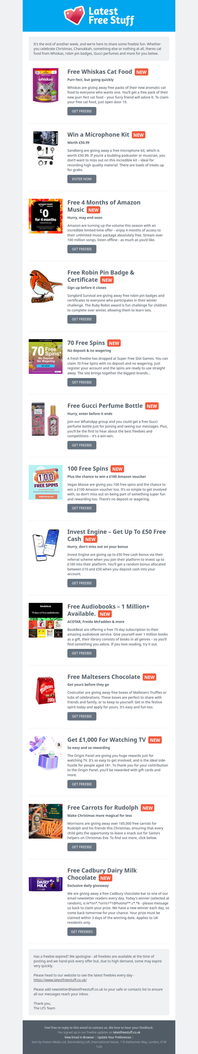 Free Whiskas Cat Food, Robin Pin Badge, Gucci Perfume & More