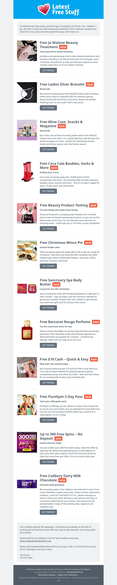 Free Jo Malone Treatments, Coca-Cola Baubles, Mince Pies & More