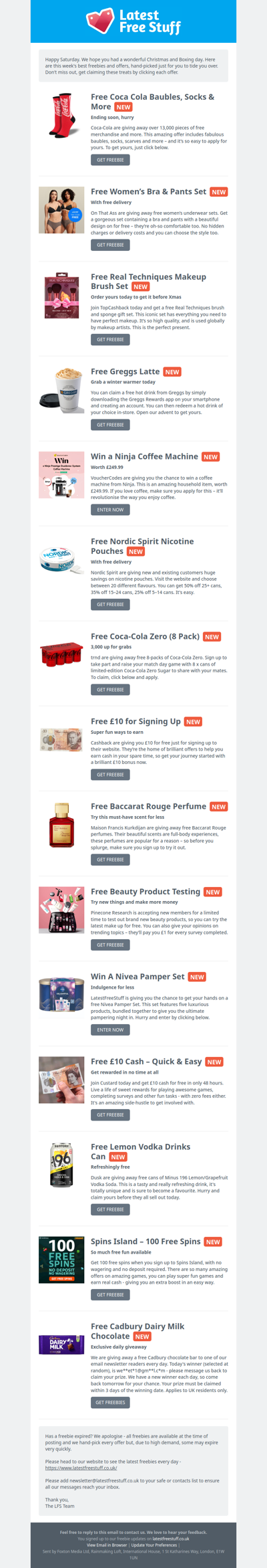 Free Coca-Cola Baubles, Greggs Latte, Baccarat Rouge Perfume & More