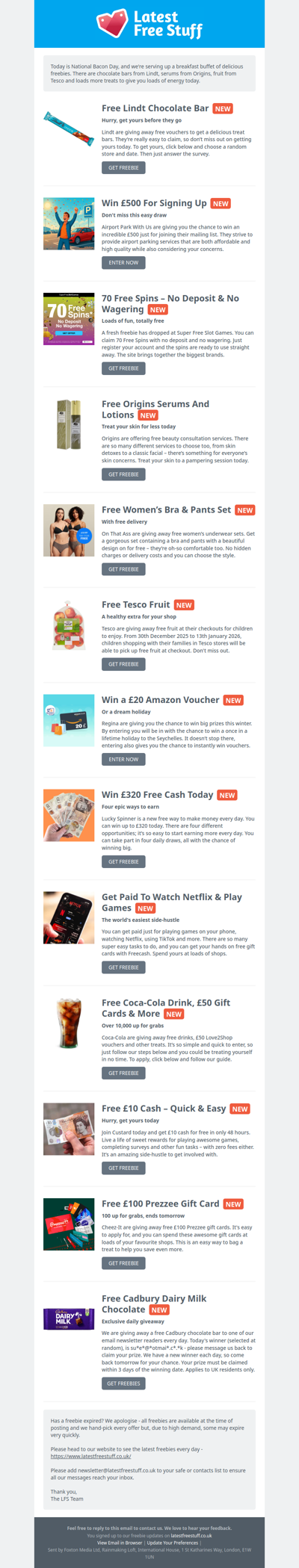 Free Lindt Chocolate, Origins Serum, Tesco Fruit & More