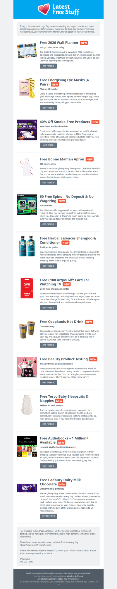 Free Wall Calendars, Bonne Maman Aprons, Herbal Essences Shampoo & More