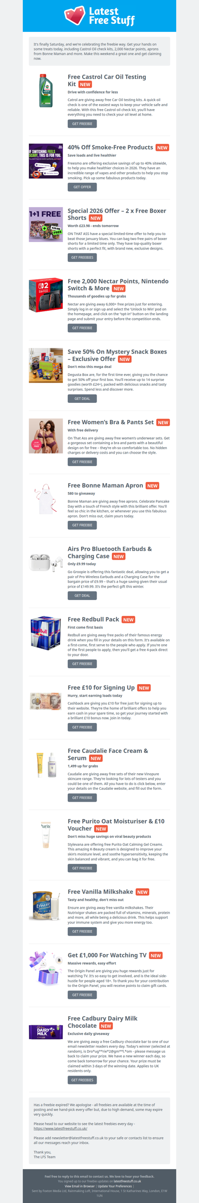 Free Castrol Car Oil, 2,000 Nectar Points, Bonne Maman Aprons & More