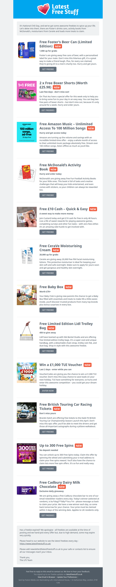 Free Foster's Drinks Cans, McDonald's Activity Books, CeraVe Moisturiser & More