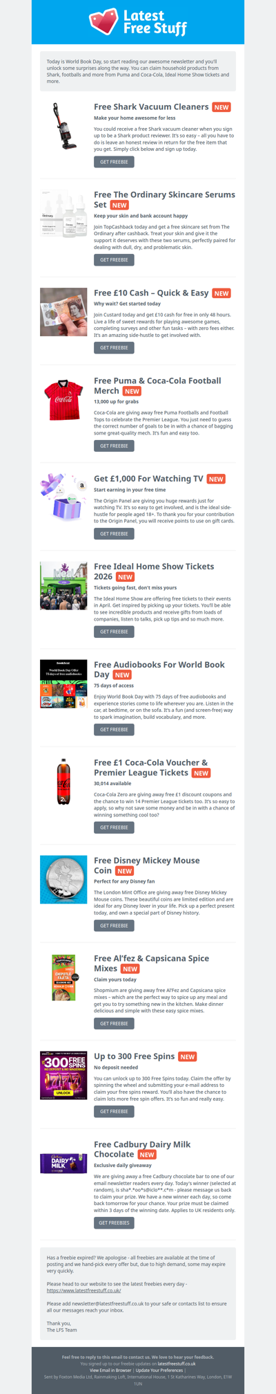 Free Shark Vacuums, Puma Footballs, Ideal Home Show Tickets & More