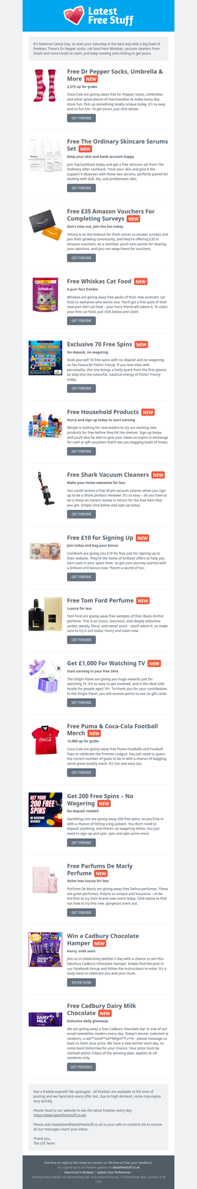 Free Dr Pepper Socks, Shark Vacuum Cleaners, Whiskas Cat Food & More