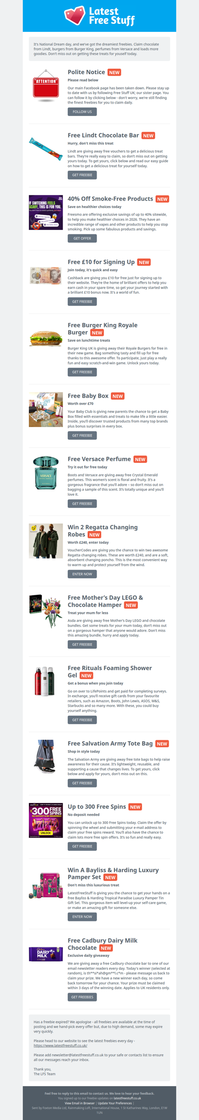 Free Lindt Chocolate, Burger King Burger, Versace Perfume & More