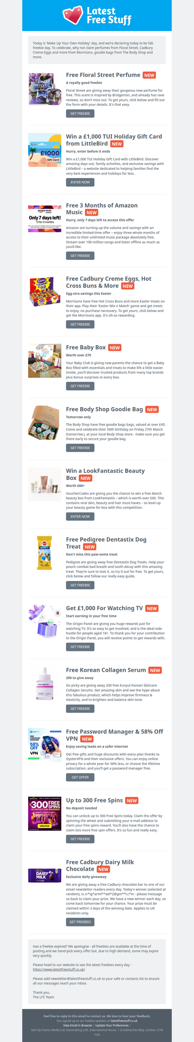 Free Floral Street Perfume, Cadbury Creme Eggs, Body Shop Products & More