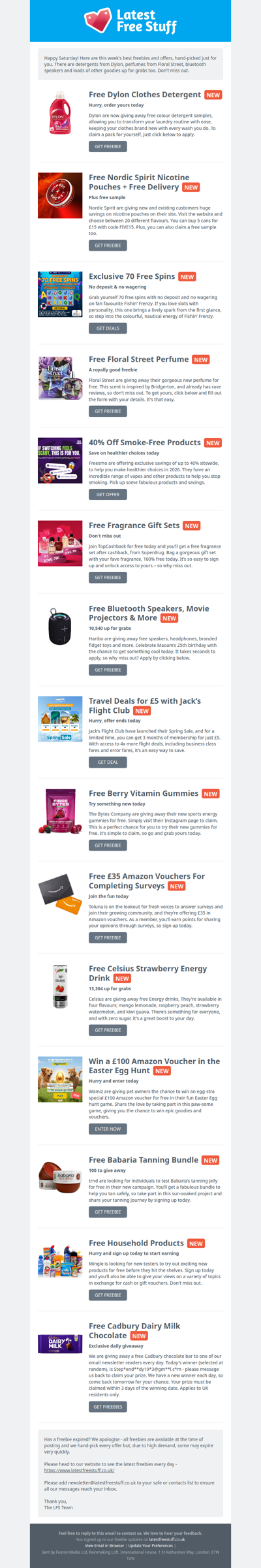 Free Dylon Detergent, Floral Street Perfume, Bluetooth Speakers & More