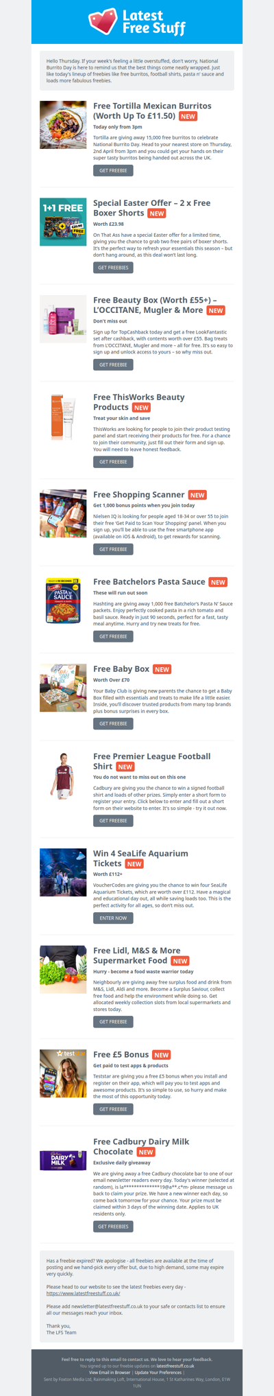 Free Mexican Burritos, Football Shirt, Pasta Sauce & More