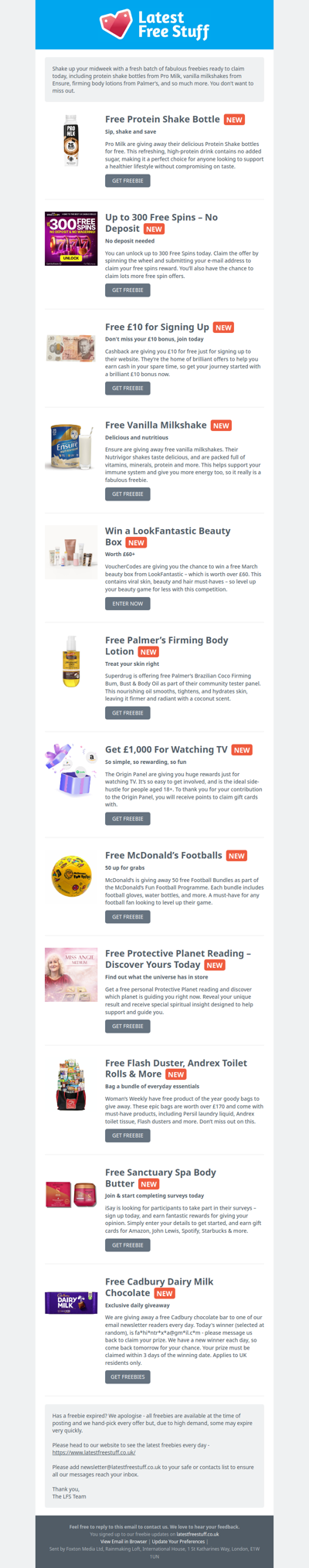 Free Protein Shake Bottle, Vanilla Milkshake, Palmer's Body Lotion & More