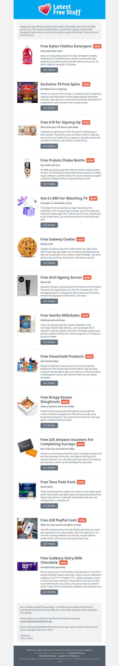 Free Dylon Detergent, Protein Shake Bottle, Subway Cookie & More