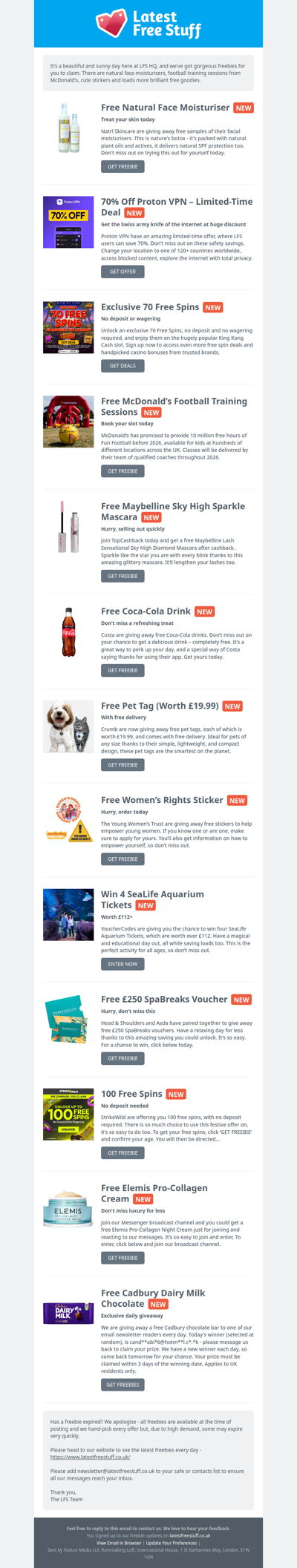 Free Moisturiser, McDonald's Football Training, Stickers & More