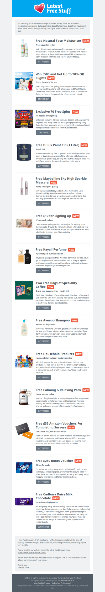Free Natural Moisturiser, Dulux Paint, Kayali Perfume & More