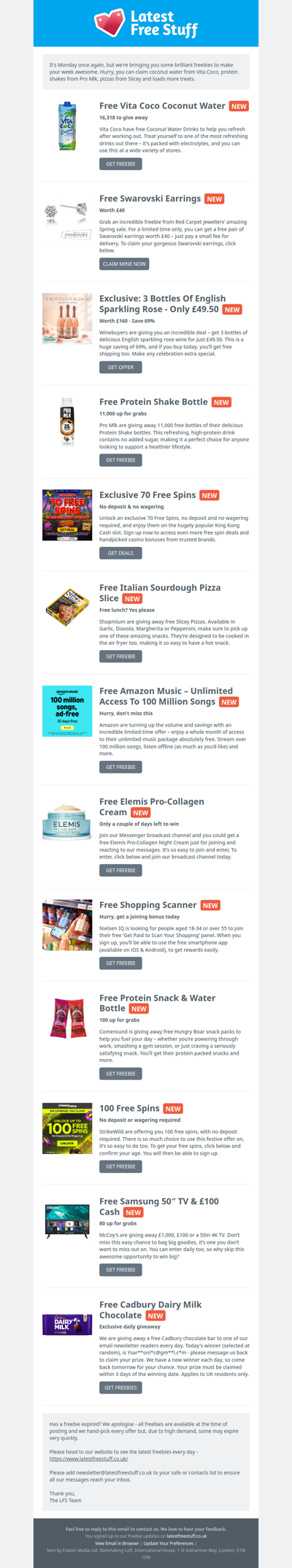 Free Coconut Water, Protein Shake, Pizza Slice & More