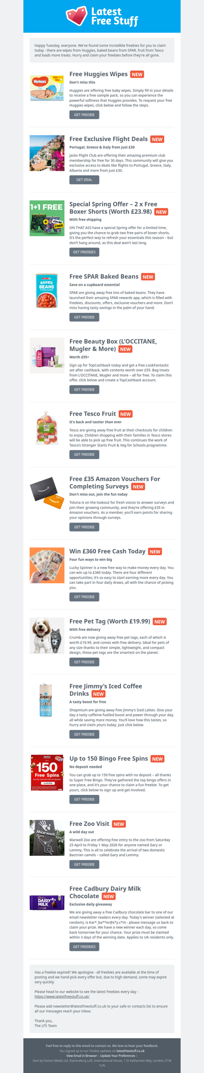 Free Huggies Wipes, SPAR Beans, Tesco Fruit & More