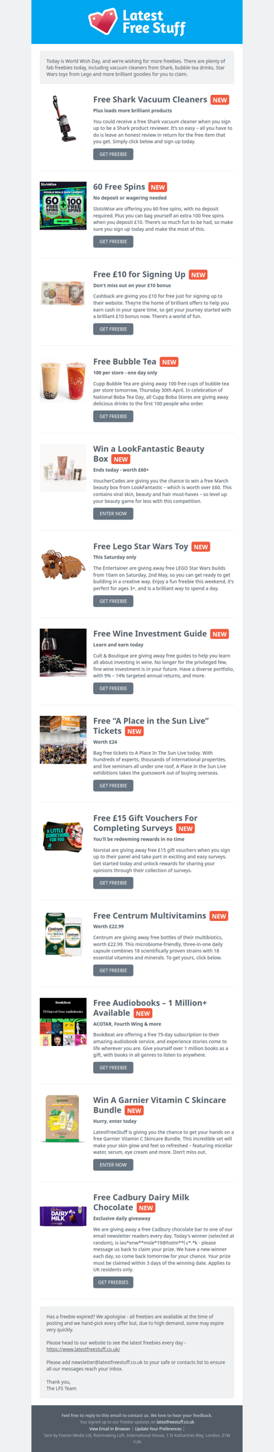 Free Shark Vacuums, Bubble Tea, Lego Star Wars Toys & More