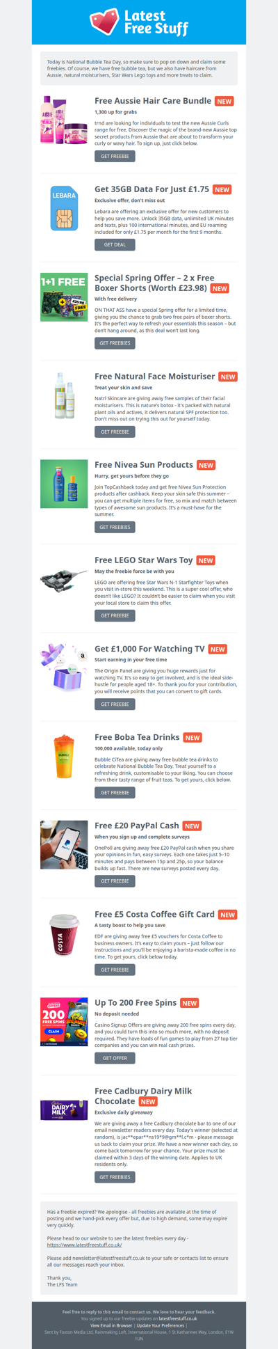 Free Aussie Haircare, Natural Moisturiser, Lego Toy & More
