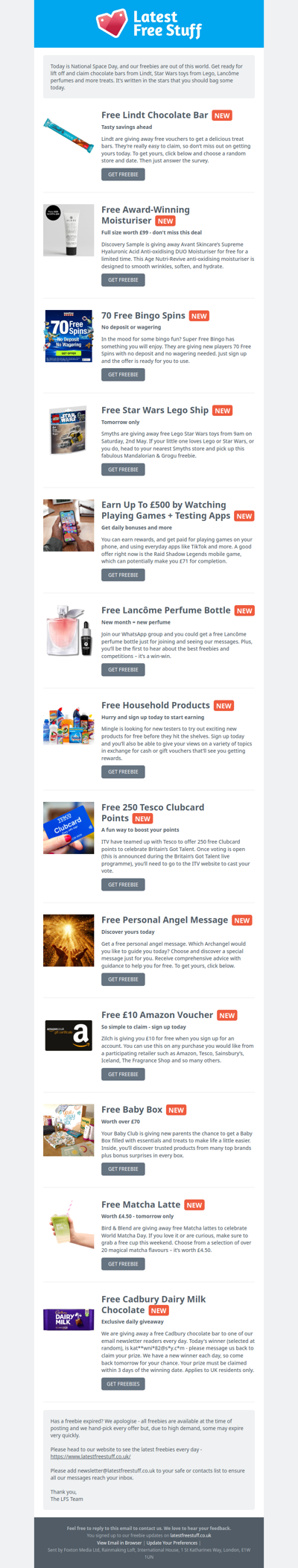 Free Lindt Chocolate Bar, Lego Toy, Lancôme Perfume & More