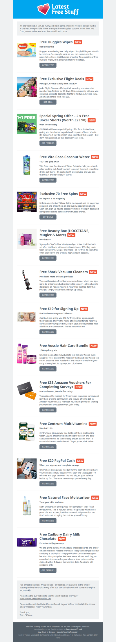 Free Huggies Wipes, Coconut Water, Shark Vacuum Cleaners & More