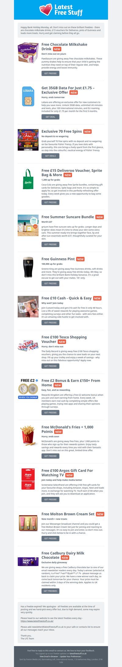 Free Chocolate Milkshake, £15 Deliveroo Voucher, Guinness Pint & More