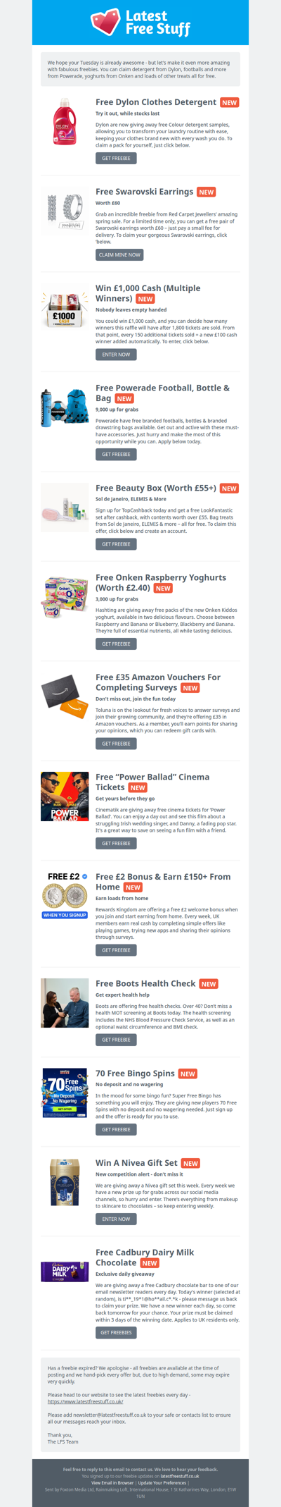 Free Dylon Detergent, Powerade Football, Onken Yoghurts & More