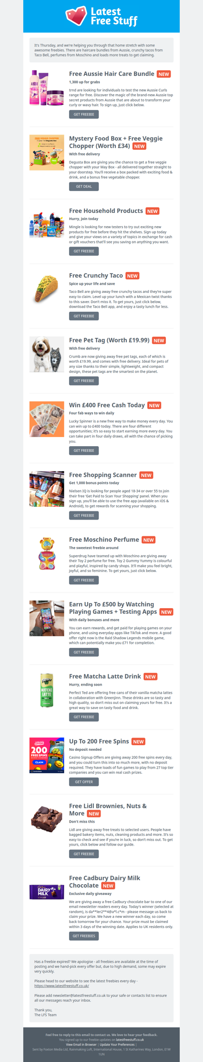 Free Aussie Hair Care, Crunchy Taco, Moschino Perfume & More