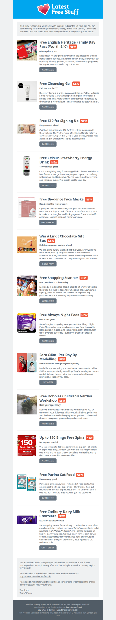 Free English Heritage Pass, Celsius Drink, Lindt Chocolates & More