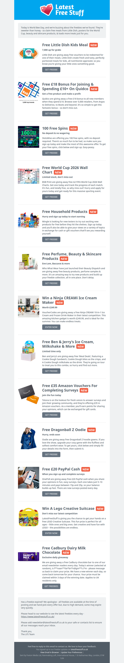 Free Little Dish Meal, World Cup Poster, Beauty Products & More